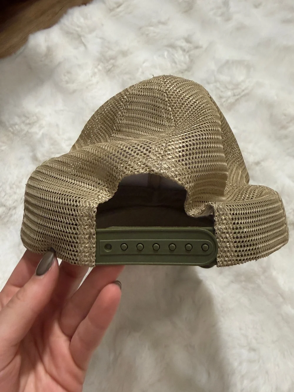 George Olive Front with Tan Mesh Trucker Hat